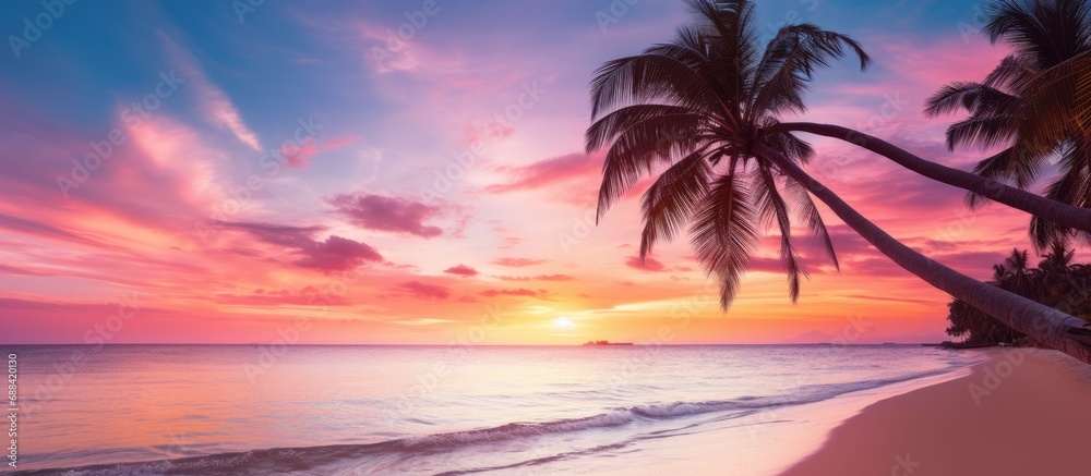 Stunning tropical beach with palm tree and pink sky, perfect for a relaxing holiday getaway.