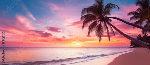 Stunning tropical beach with palm tree and pink sky, perfect for a relaxing holiday getaway.