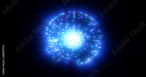 Abstract energy magic blue sphere ball atom round molecule made of glowing bright electric electrons small round particles flying dots on black background