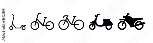 Two wheeled vehicles icons. Kick scooter, bicycles, motorcycles.