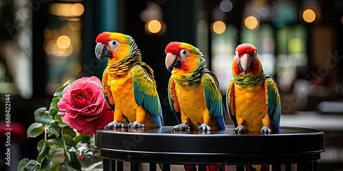 Sun conure parrots perched on a stand with a red rose