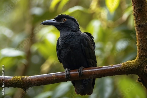 A black crow with shiny feathers on a branch