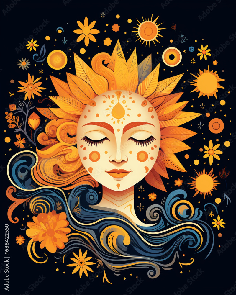 Celestial Harmony - Sun and Moon Illustration