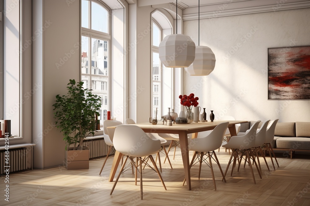 Dining room interior design with wooden floor, white walls, white cahirs and table. Created with Ai