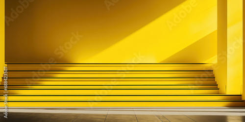 Metallic steps with vibrant yellow edges ascend into a shadowed corridor