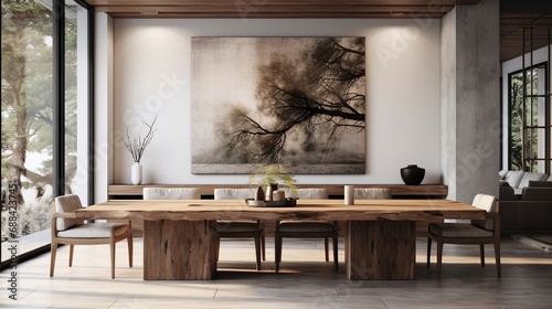 Dining room interior with large painting, wooden floor, wooden table and chairs. Created with Ai photo