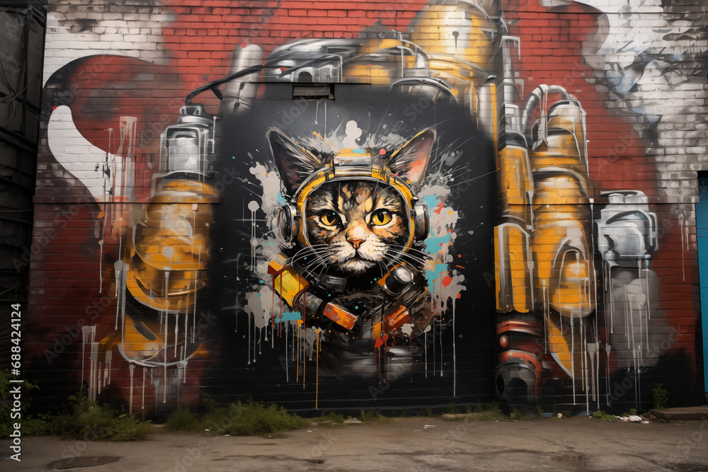 Obraz premium Mur d’une entrée d'usine en briques rouges tagué avec le dessin d’un chat portant un masque de graffeur dans le style Peinture aérosol
