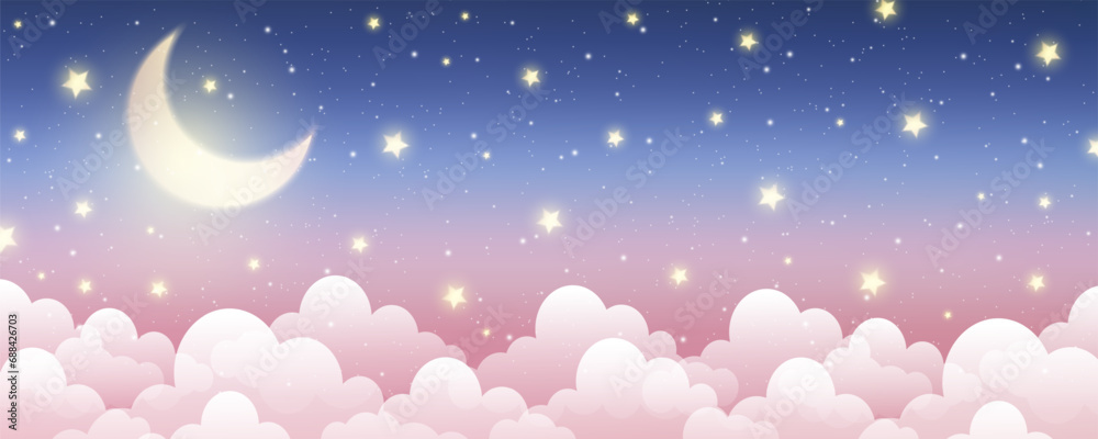 Fototapeta premium Night sky background. Starry dark gradient space. Crescent moon and clouds dreamy scene. Vector cute landscape panorama. Magic midnight illustration