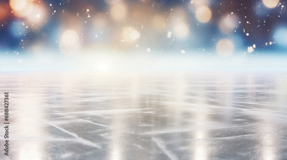 Lights reflecting on the surface of the ice with skate marks. Closeup of the skating rink. Festive background, winter holidays theme. Bokeh lights. Copy space. - obrazy, fototapety, plakaty 