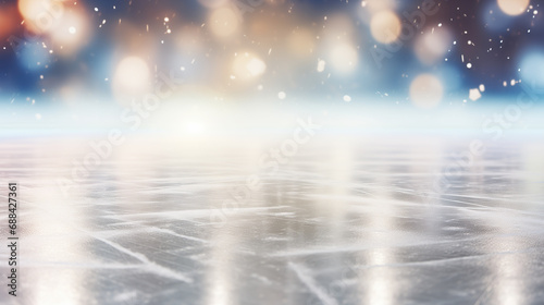 Lights reflecting on the surface of the ice with skate marks. Closeup of the skating rink. Festive background, winter holidays theme. Bokeh lights. Copy space.