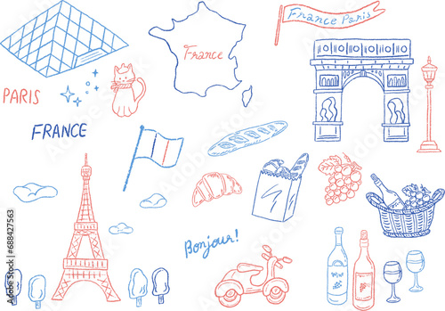 Stylish hand-drawn line drawing illustration set of symbols inspired by France / フランスをイメージしたシンボルのおしゃれな手描き線画イラストセット