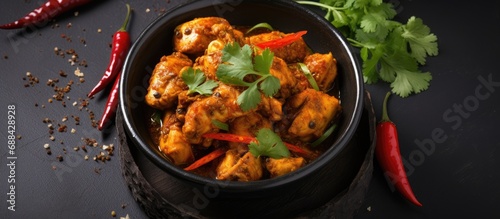 Top view of spicy Indian chicken curry in black bowl on dark slate table, an Asian dish made with chicken in a masala gravy. photo