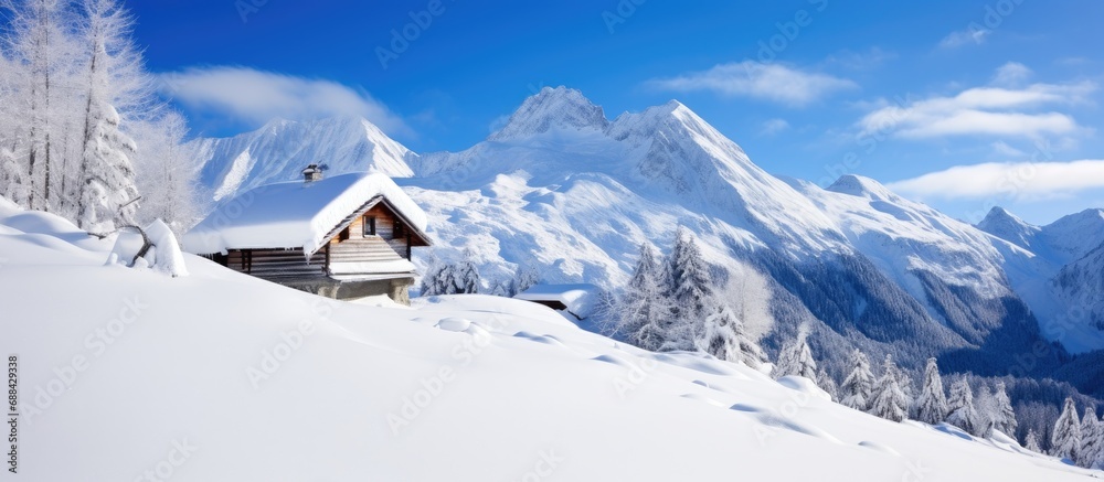 Sunny day, powder snow in French Alps mountain cabin.