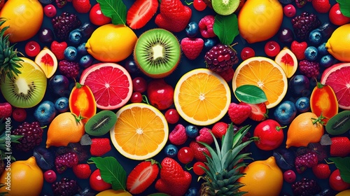 A background of many fruits and berries.
