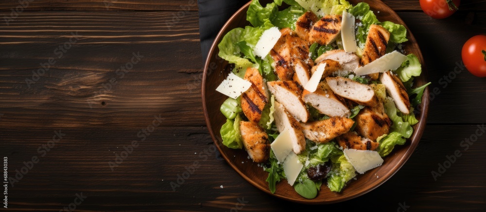 Top view of a traditional Caesar salad with grilled chicken and Parmesan cheese. - obrazy, fototapety, plakaty 