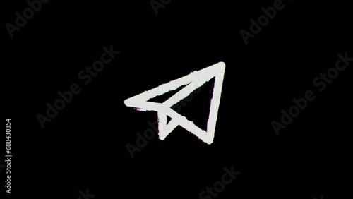 A paper plane icon glitches in, wavers for a few seconds, and then glitches out. Alpha channel Premultiplied - Matted over black