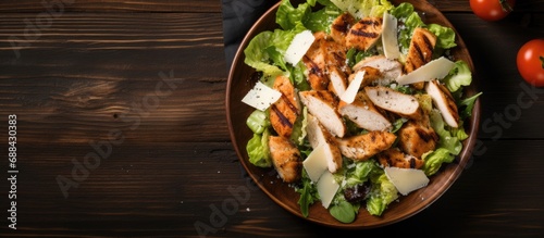 Top view of a traditional Caesar salad with grilled chicken and Parmesan cheese. photo
