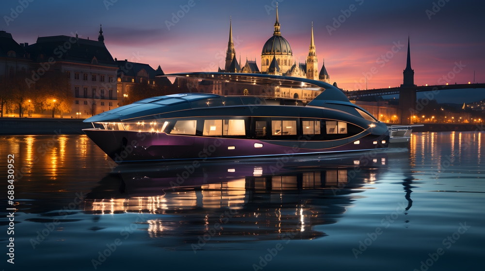 Futuristic tourist boat of Danube city, modern high-tech and very luxurious boat, tourists can see the city and important places of Danube.