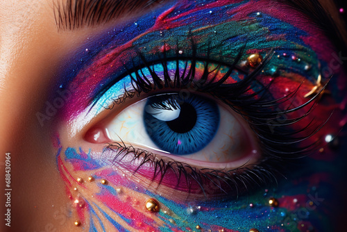 Beauty, fashion, style and make-up concept. Close-up woman eye view with colorful eyeshadow make-up. Surreal pop-art, fine-art style. Woman looking at camera