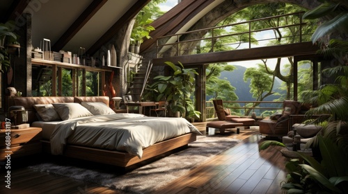 New modern bedroom interior with king size bed at cottage home with palm trees green natural plants, housewarming concept home purchase and real estate loan © Aliaksandra