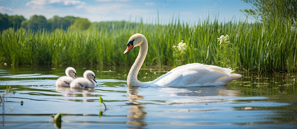 Fototapeta premium Swan and offspring in summer lake.