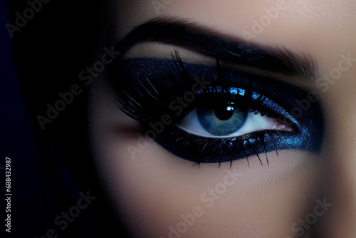 Fashion  style and make-up concept. Close-up beautiful woman with blue  shining and fancy eyeshadows make-up portrait. Dark and sensual mood and background