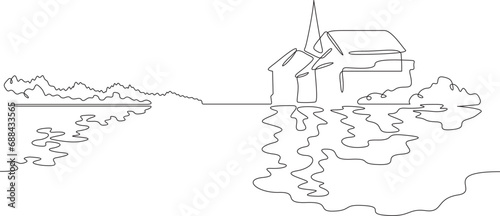 Embankment. Old town on the river bank. Reflection in the water. City landscape. One continuous line drawing. Linear. Hand drawn, white background. One line.