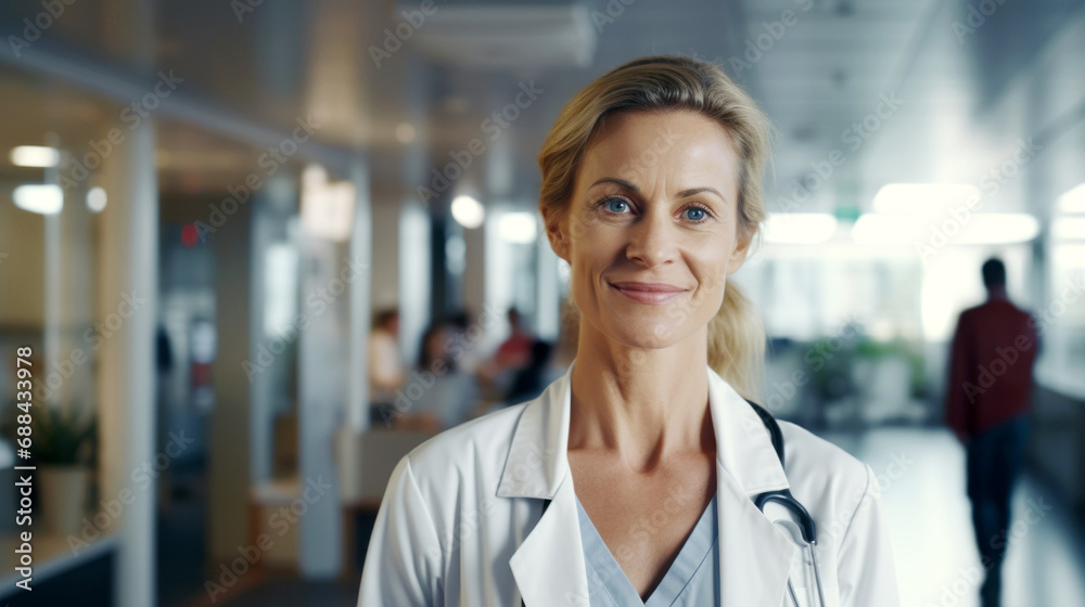 Portrait of smilling 35 year female doctor standing in hospital. Healthy and care concept Portrait of smilling 35 year female doctor standing in hospital. Healthy and care concept