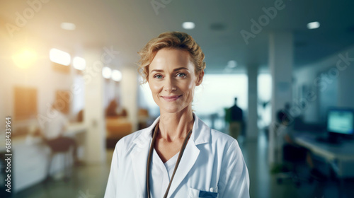 Portrait of smilling 35 year female doctor standing in hospital. Healthy and care concept photo