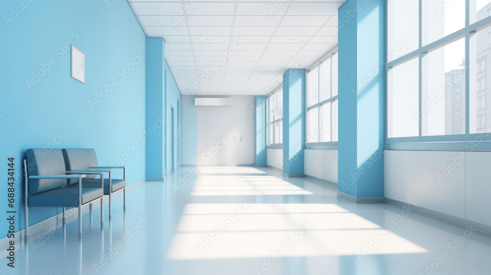 Empty modern hospital hallway inside. Waiting room with blue wall. Iterior concept