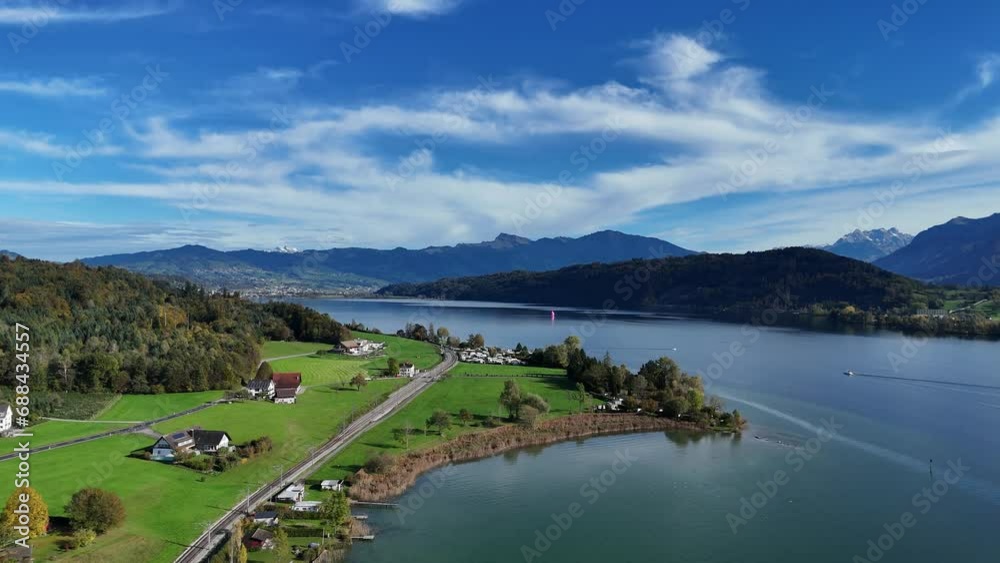 Aerial view of great Zurich lake near Bollingen, Switzerland. Forward shot. Aerial view of great Zurich lake near Bollingen, Switzerland. Forward shot.