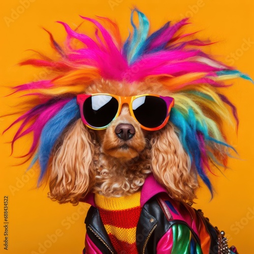 studio style shot of dog dressed in brightly coloured flamboyant clothing © clearviewstock