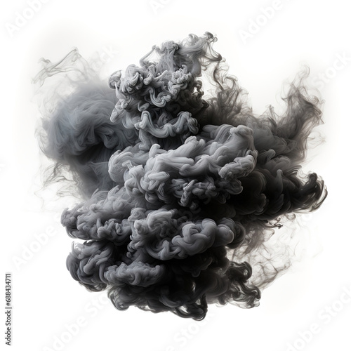 Black smoke floating in the air on a white background. Isolated smoke.