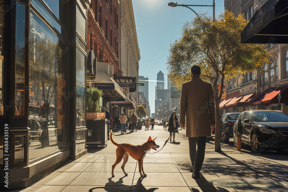 A man walking a dog down a city street. - obrazy, fototapety, plakaty 