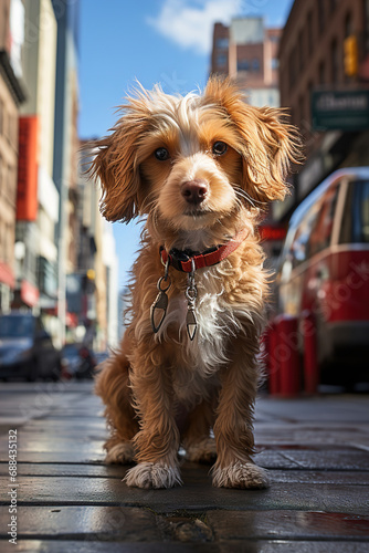 Dog standing on a city street. Low pint of view.