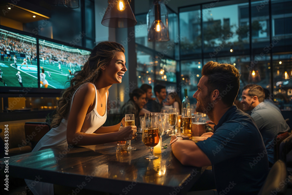 A man and a woman sitting at a table with glasses of beer and watching football on big screen.