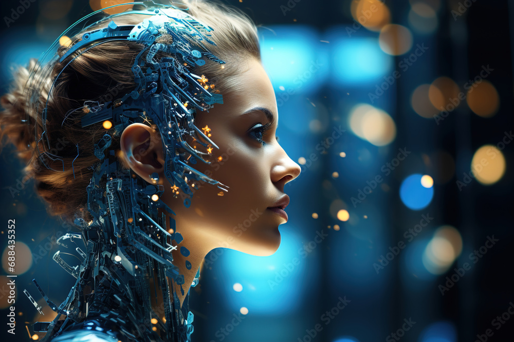 A woman with a futuristic head and body. Technological Appearance A woman with a futuristic head and body. Technological Appearance