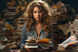 A woman sitting in front of a pile of books magazines. Opened book in front of woman.