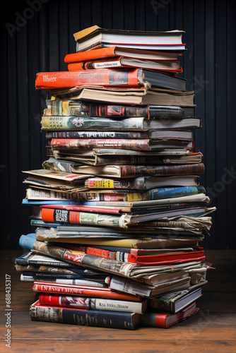 A stack of books, magazines and newspapers sitting on top of a wooden table.
