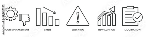 Business failure banner web icon vector illustration concept with icon of poor management, crisis, warning, revaluation and liquidation