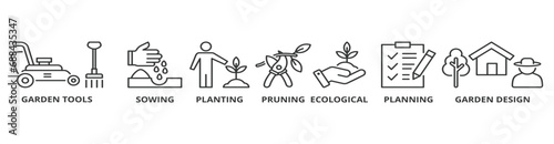 Gardening banner web icon vector illustration concept with icon of garden tools, sowing, planting, pruning, ecological, planning and garden design