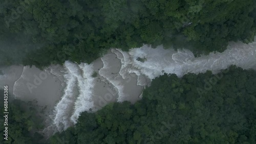 Famous Semuc champey waterfall during rain season, aerial photo