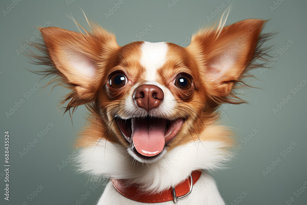Cute happy dog headshot on green background
