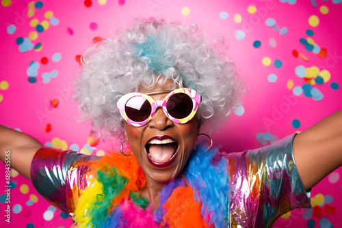 Eccentric senior woman having fun on a crazy party or in the disco.