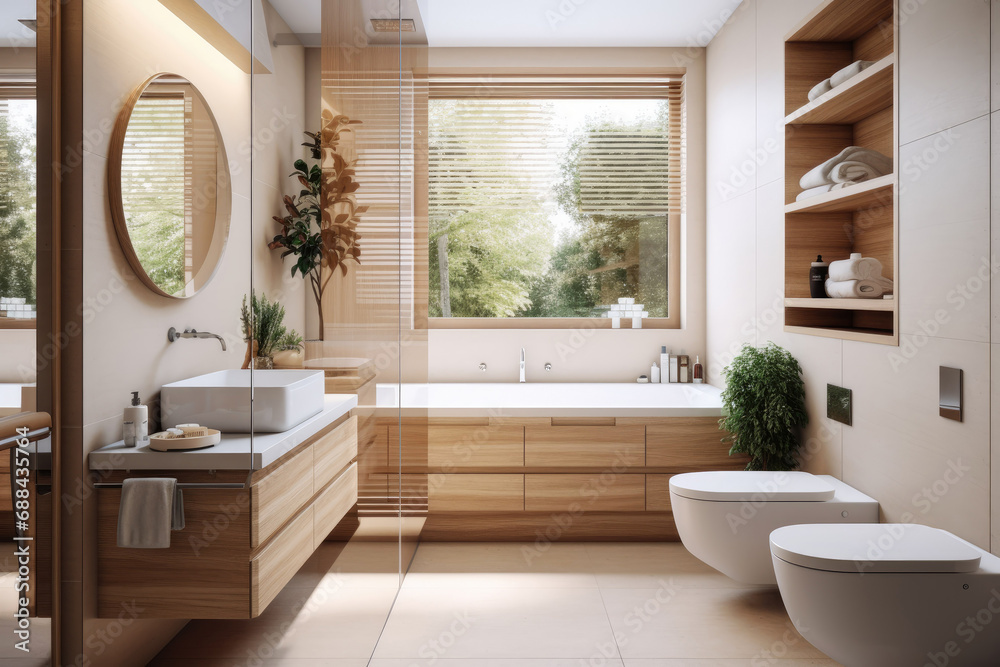 Cozy and warm Bathroom interior decorate with oak wooden floor and wall, bathtub, mirror and sink, minimal Scandinavian stylish decor concept.