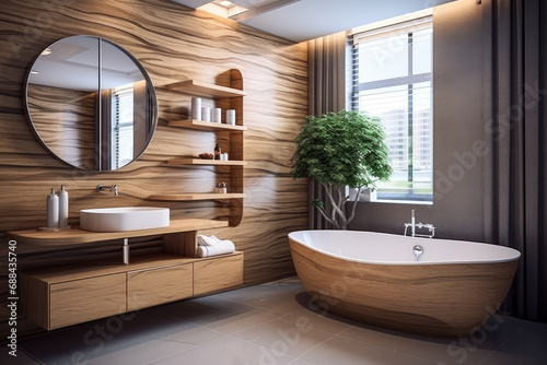 Cozy and warm Bathroom interior decorate with oak wooden floor and wall  bathtub  mirror and sink  minimal Scandinavian stylish decor concept.