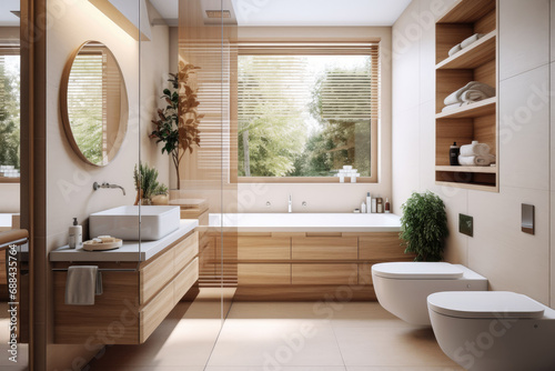 Cozy and warm Bathroom interior decorate with oak wooden floor and wall  bathtub  mirror and sink  minimal Scandinavian stylish decor concept.