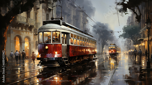 Old Red Tram On The High Street Oil Painting Background