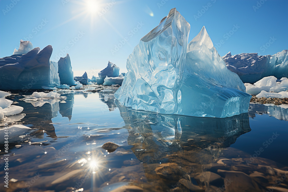 A group of icebergs floating on top of the ocean. Sun, global worming concept.