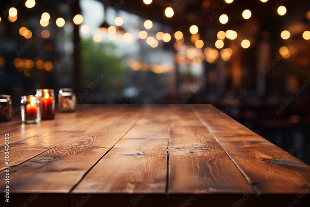 Empty wooden tabletop with blurred bar background Empty wooden tabletop with blurred bar background